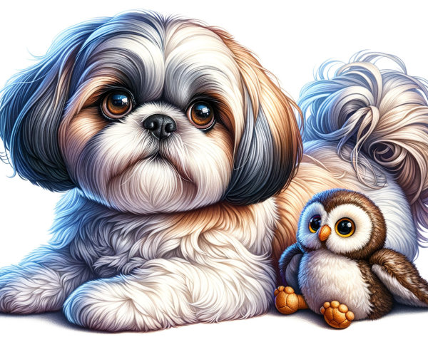 Cute Cartoon Shih Tzu Puppy with Cartoon Owl Illustration