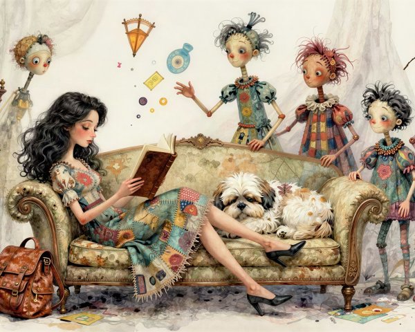 Woman Reading on Sofa with Dog and Grandfather Clock