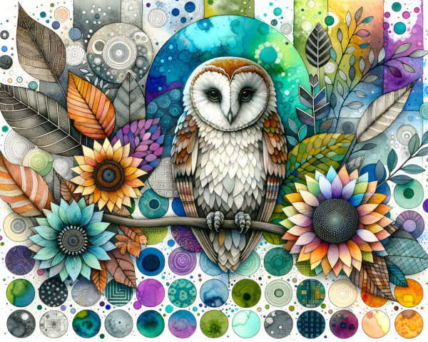 Illustration of Owl Amidst Colorful Flowers and Patterns