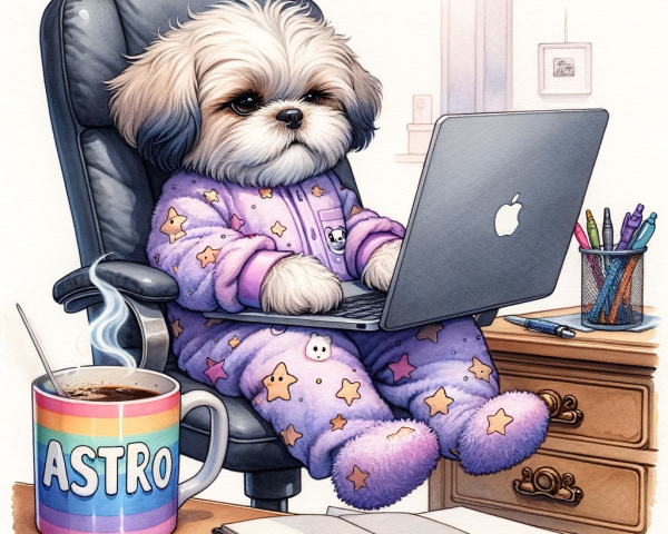 Fluffy Dog in Purple Pajamas at Cozy Workspace