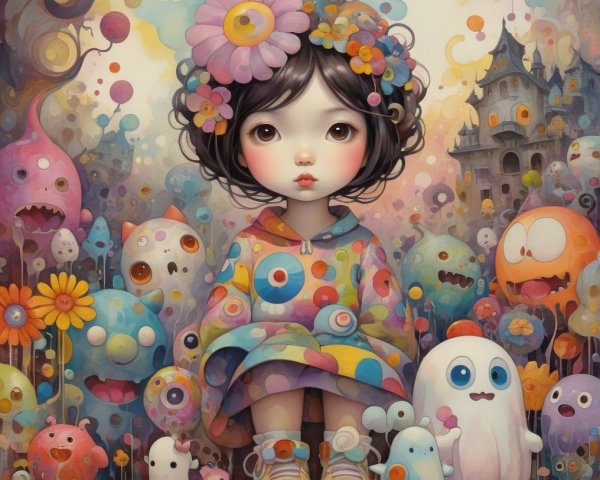 Whimsical Scene of a Girl Among Fantasy Creatures