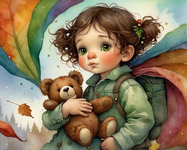 Child with curly hair in a whimsical autumn scene