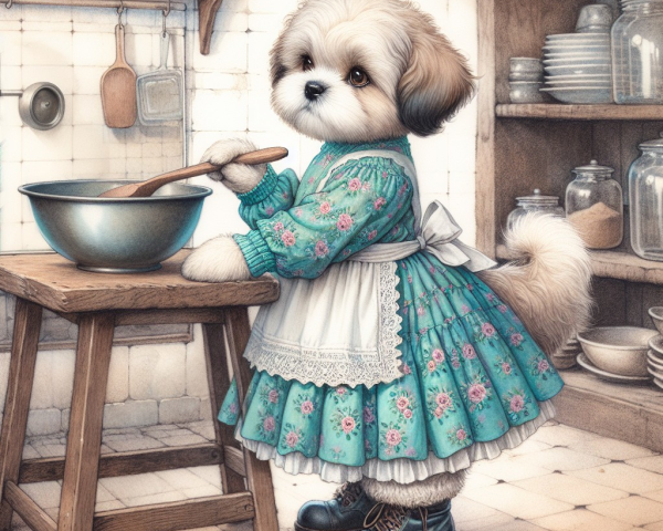 Fluffy Dog in Teal Dress in Rustic Kitchen Setting