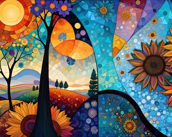 Vibrant Landscape with Colorful Tree and Flowers
