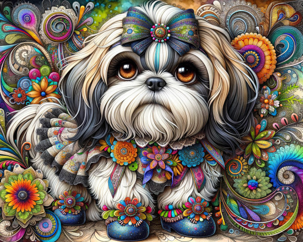 Whimsical Illustration of a Colorful Fluffy Dog