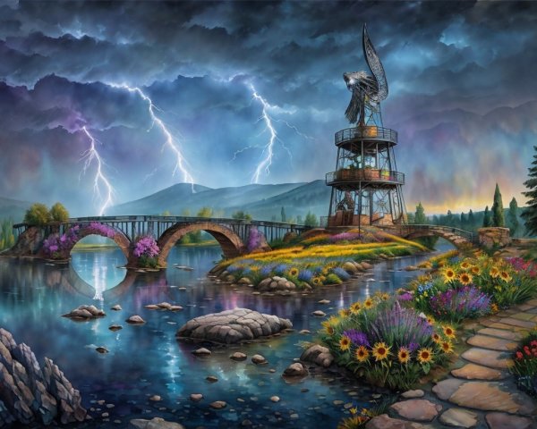 Dramatic Landscape with Stone Bridge and Sculpture