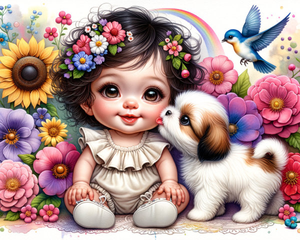 Charming Baby and Puppy Illustration in Vibrant Scene