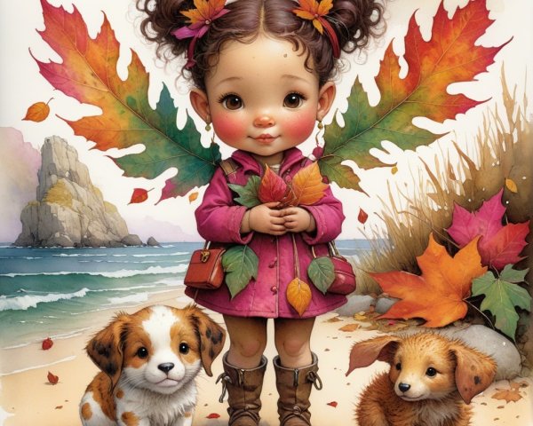 Girl with Curly Hair and Puppies on Autumn Beach