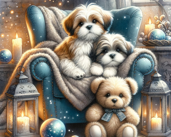 Cozy Room with Puppies, Teddy Bear, and Festive Decor