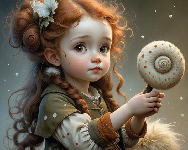 Young girl with red hair and whimsical snail shell wand