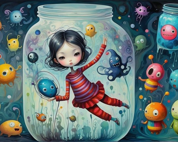Whimsical Scene of a Girl in a Jar with Creatures