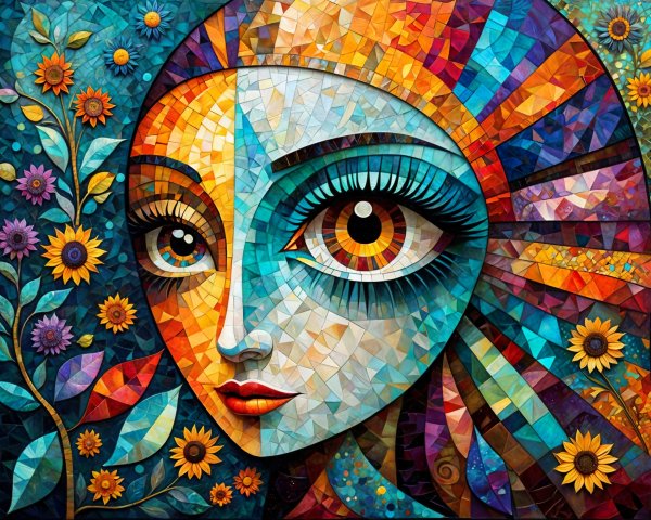 Vibrant Mosaic Portrait with Stylized Face and Patterns