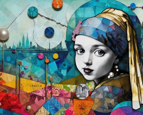 Vibrant Collage of Classic Portrait with Geometric Shapes