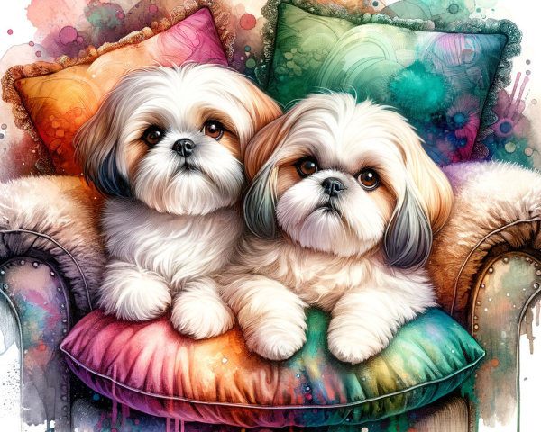 Shih Tzu Puppies on Colorful Cushion with Watercolor Background