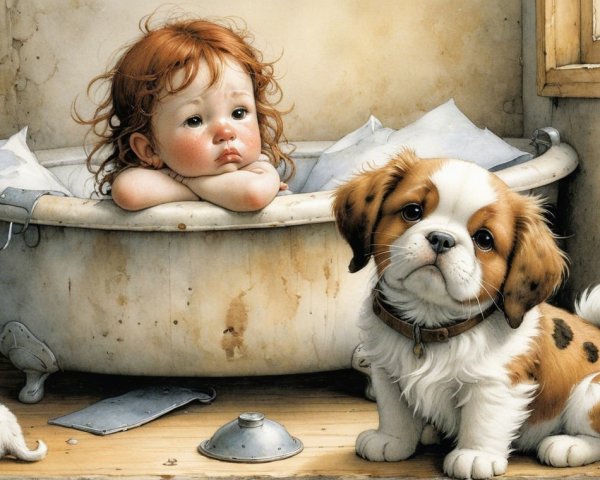 Child with Curly Red Hair in Cozy Bathroom Scene
