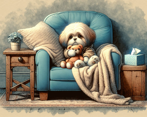 Cozy Living Room with Fluffy Dog and Teddy Bear