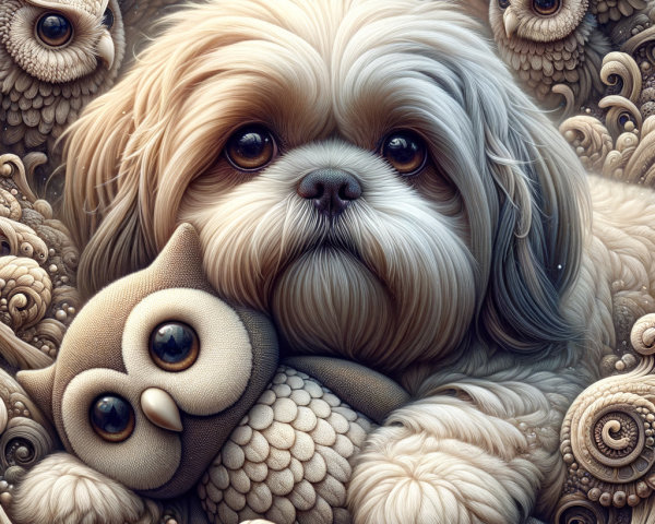 Fluffy Dog and Plush Owl in Cozy Patterned Setting