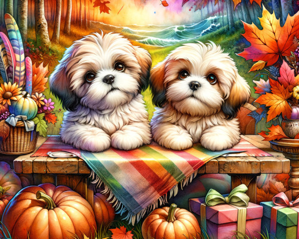 Autumn Scene with Shih Tzu Puppies and Decorations