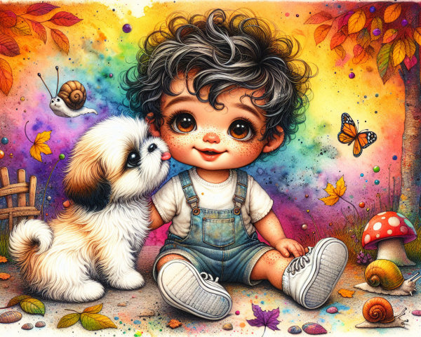 Joyful Toddler with Puppy in Colorful Whimsical Scene