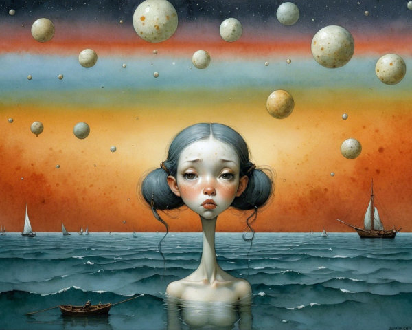 Surreal Scene of a Girl Rising from Calm Waters