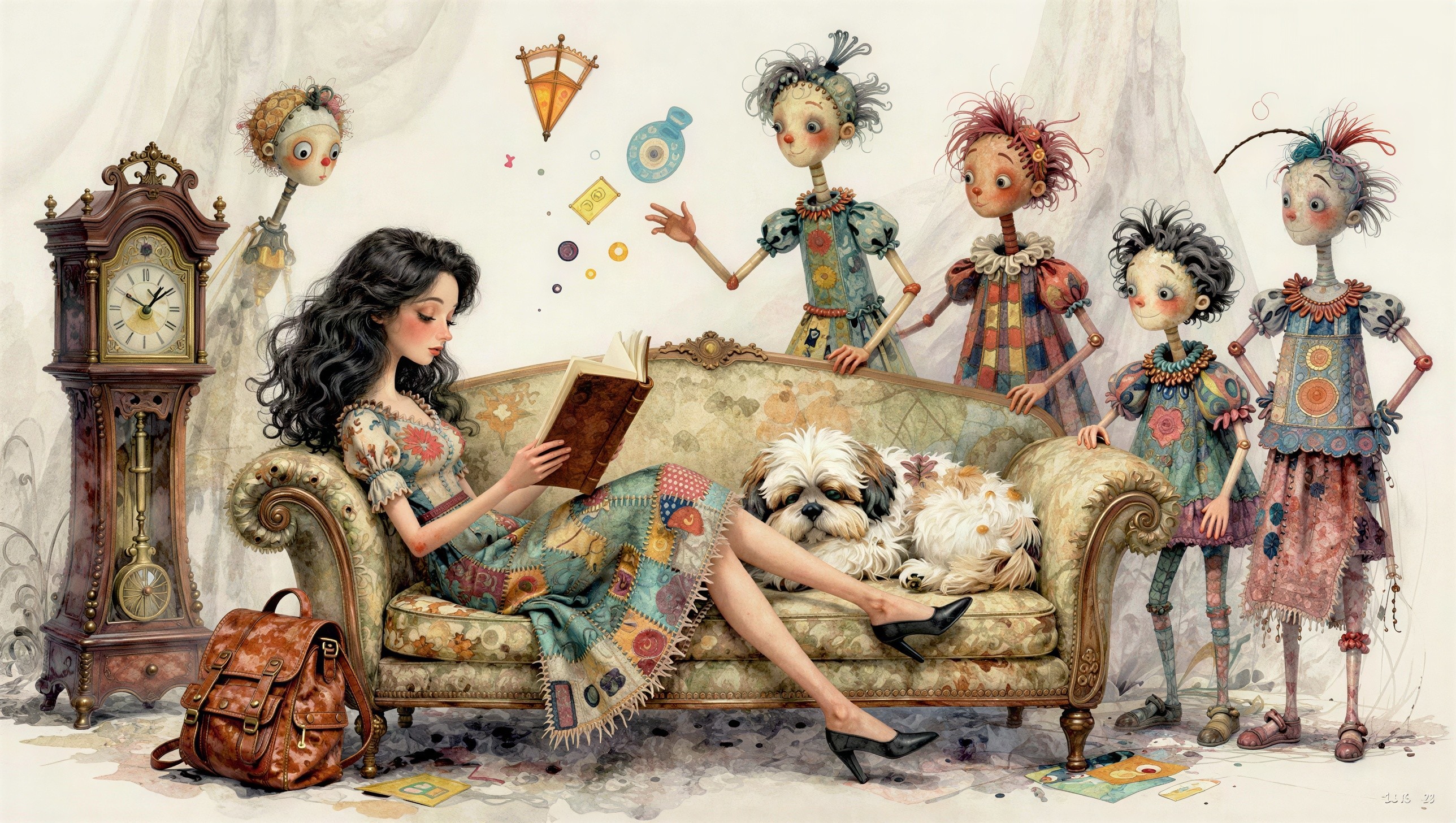 Woman Reading on Sofa with Dog and Grandfather Clock