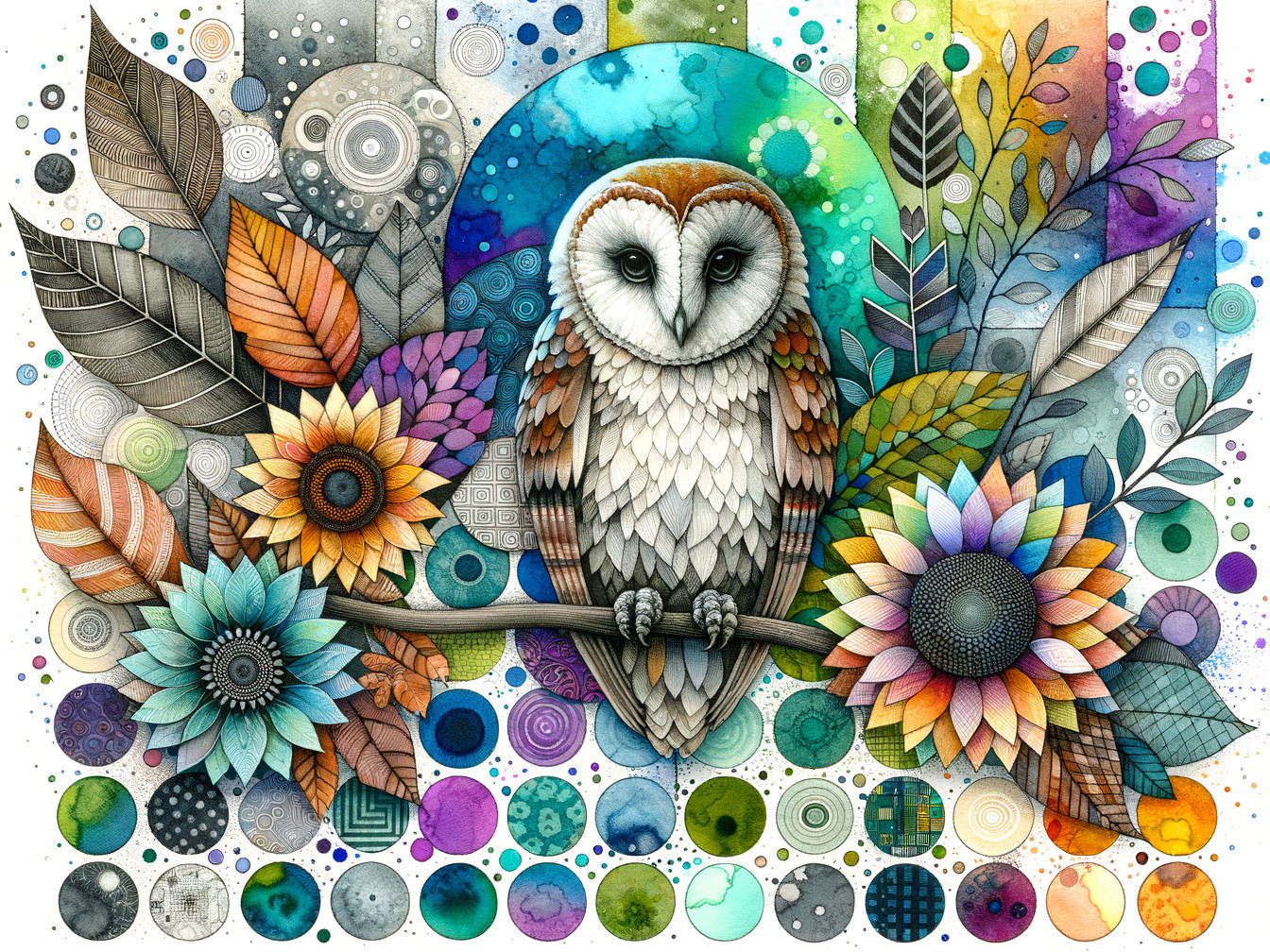 Illustration of Owl Amidst Colorful Flowers and Patterns