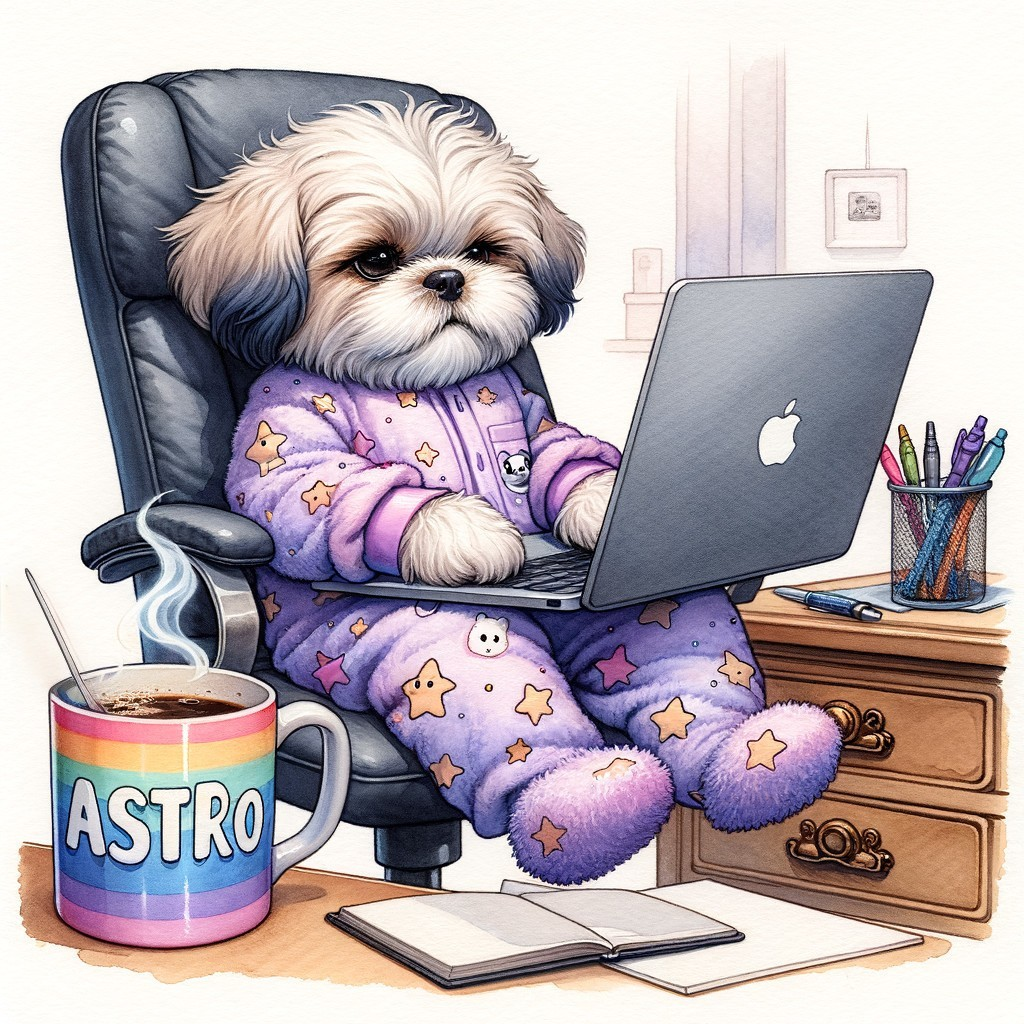 Fluffy Dog in Purple Pajamas at Cozy Workspace