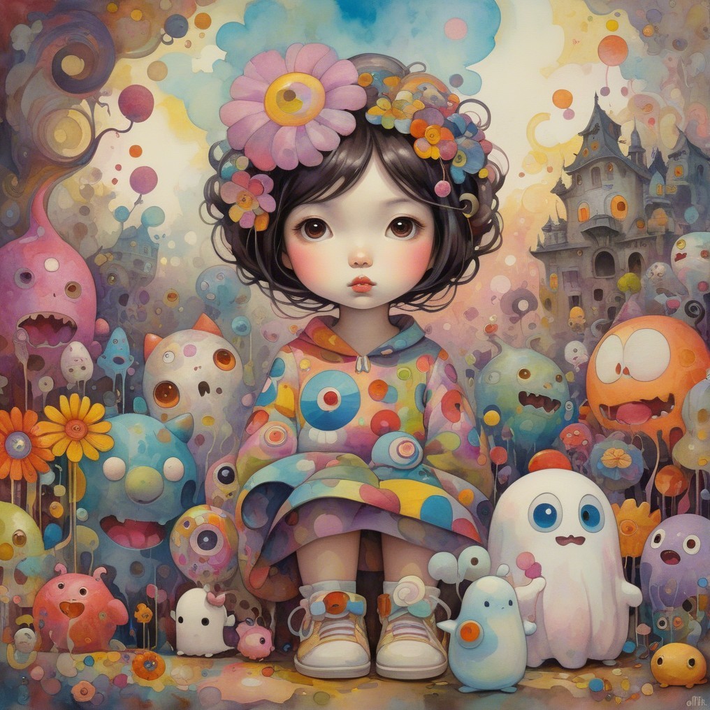Whimsical Scene of a Girl Among Fantasy Creatures