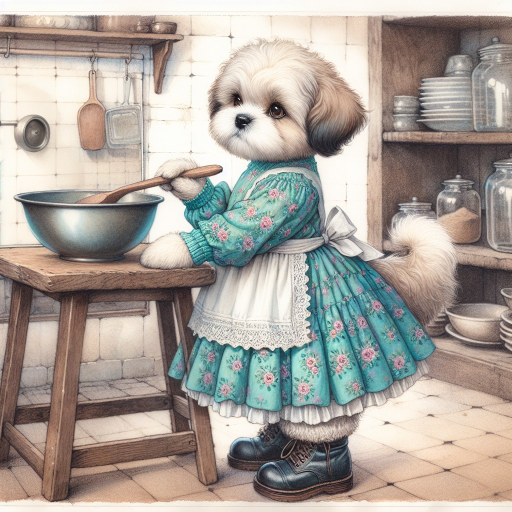 Fluffy Dog in Teal Dress in Rustic Kitchen Setting