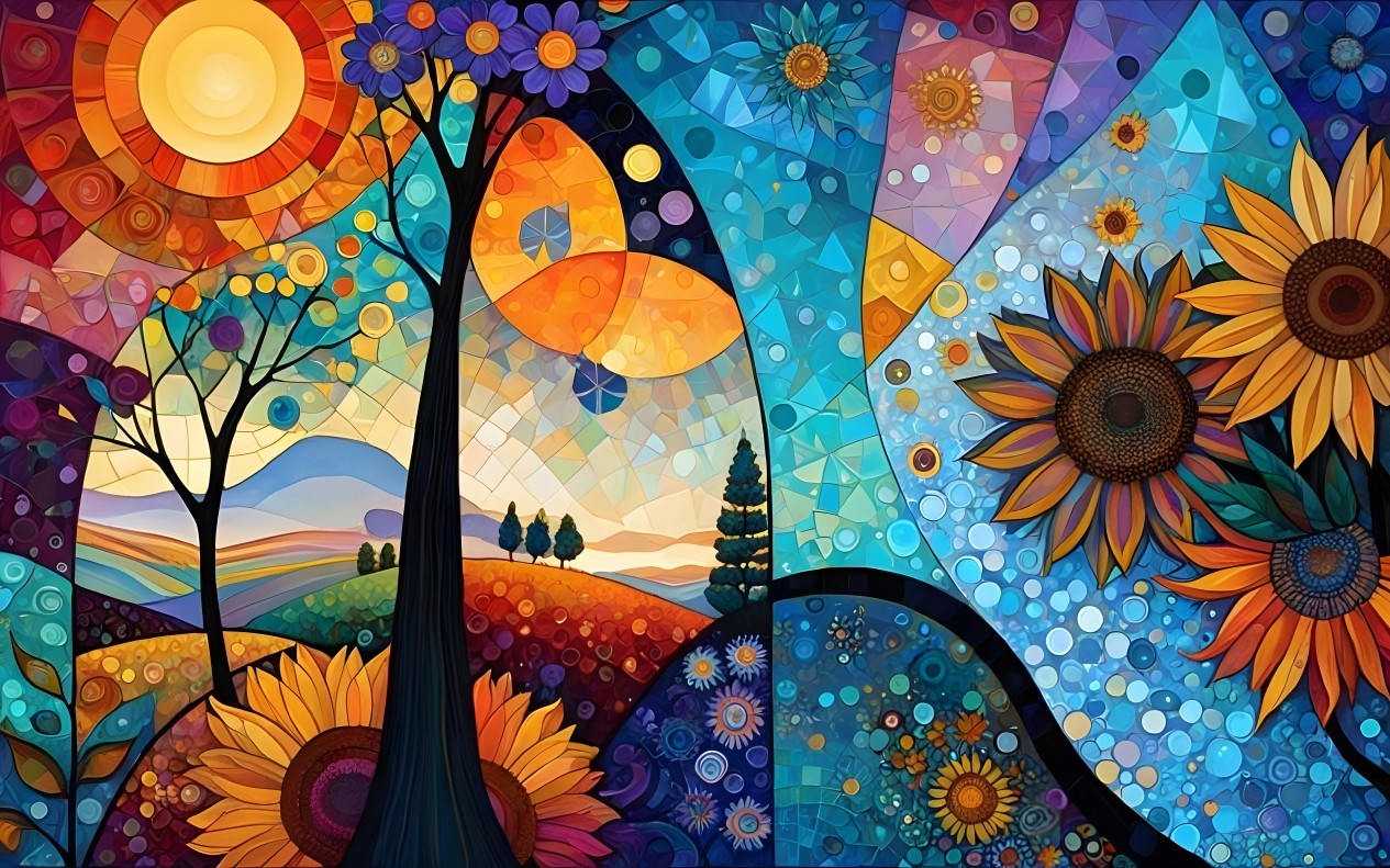 Vibrant Landscape with Colorful Tree and Flowers