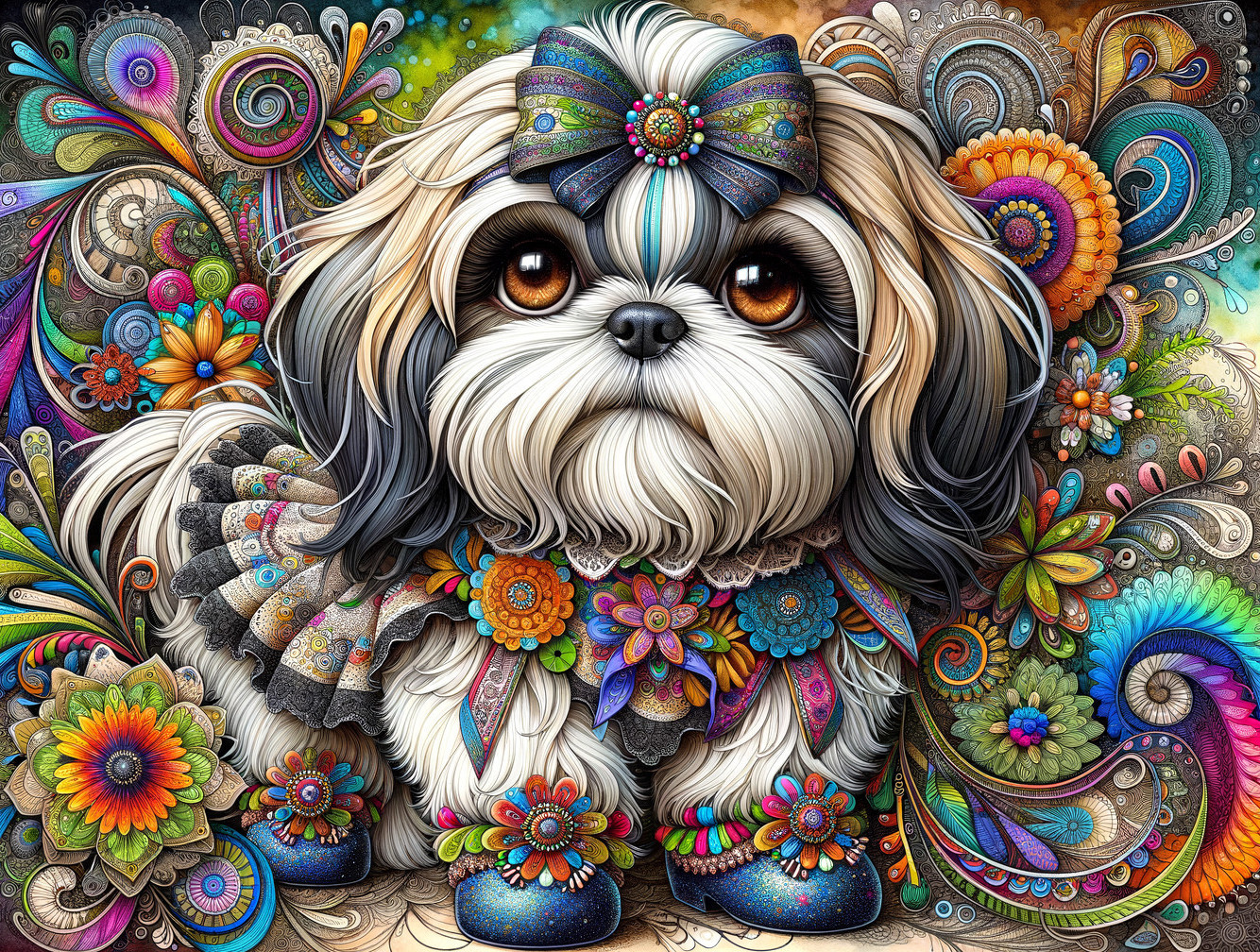 Whimsical Illustration of a Colorful Fluffy Dog