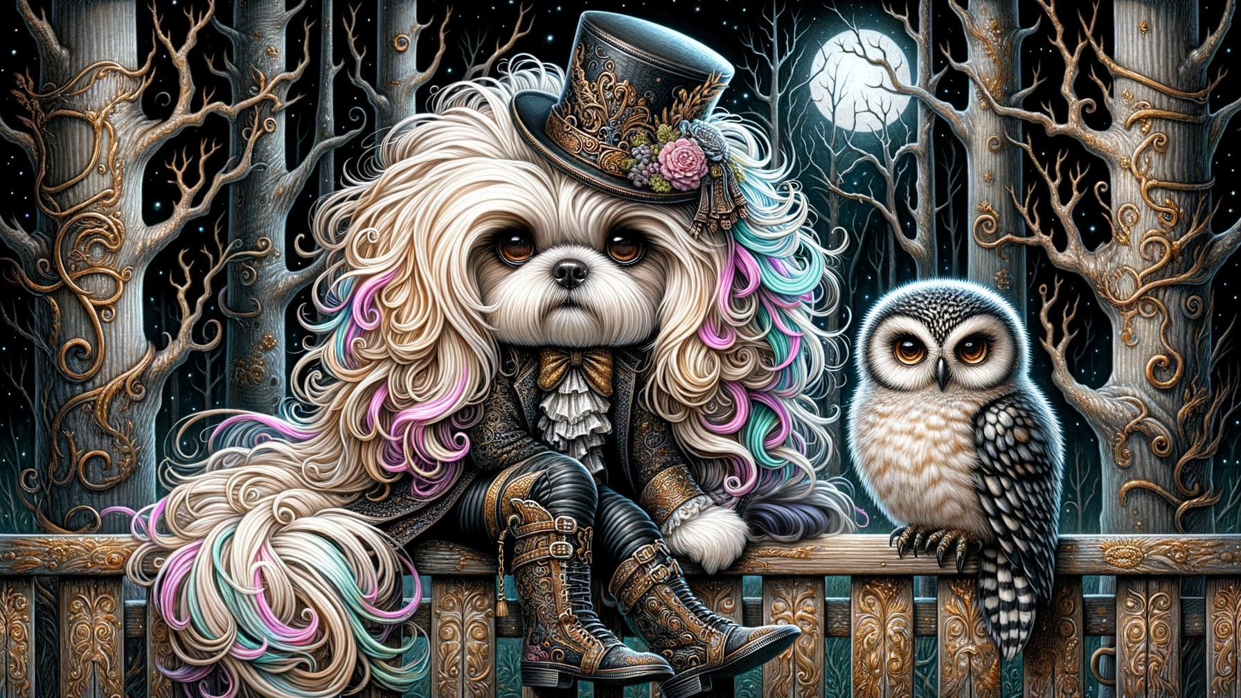 Whimsical Forest Scene with Dog and Owl in Attire