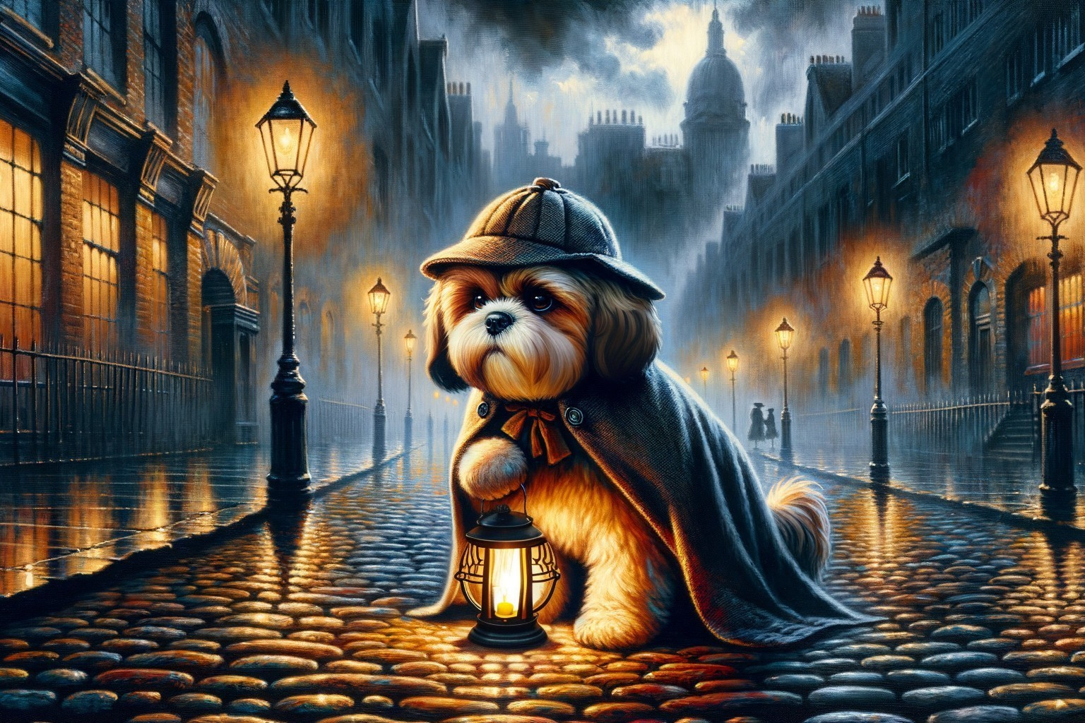Dog in detective outfit on foggy cobblestone street