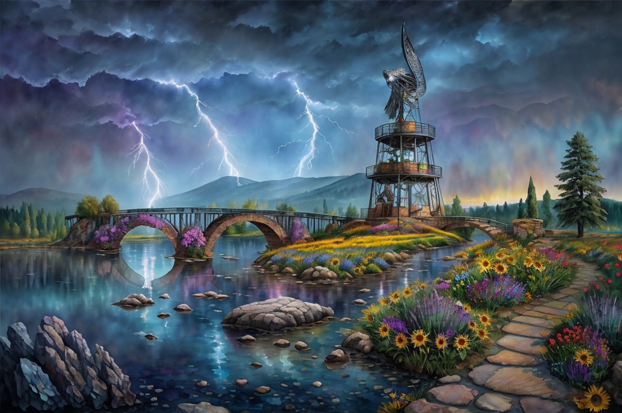 Dramatic Landscape with Stone Bridge and Sculpture
