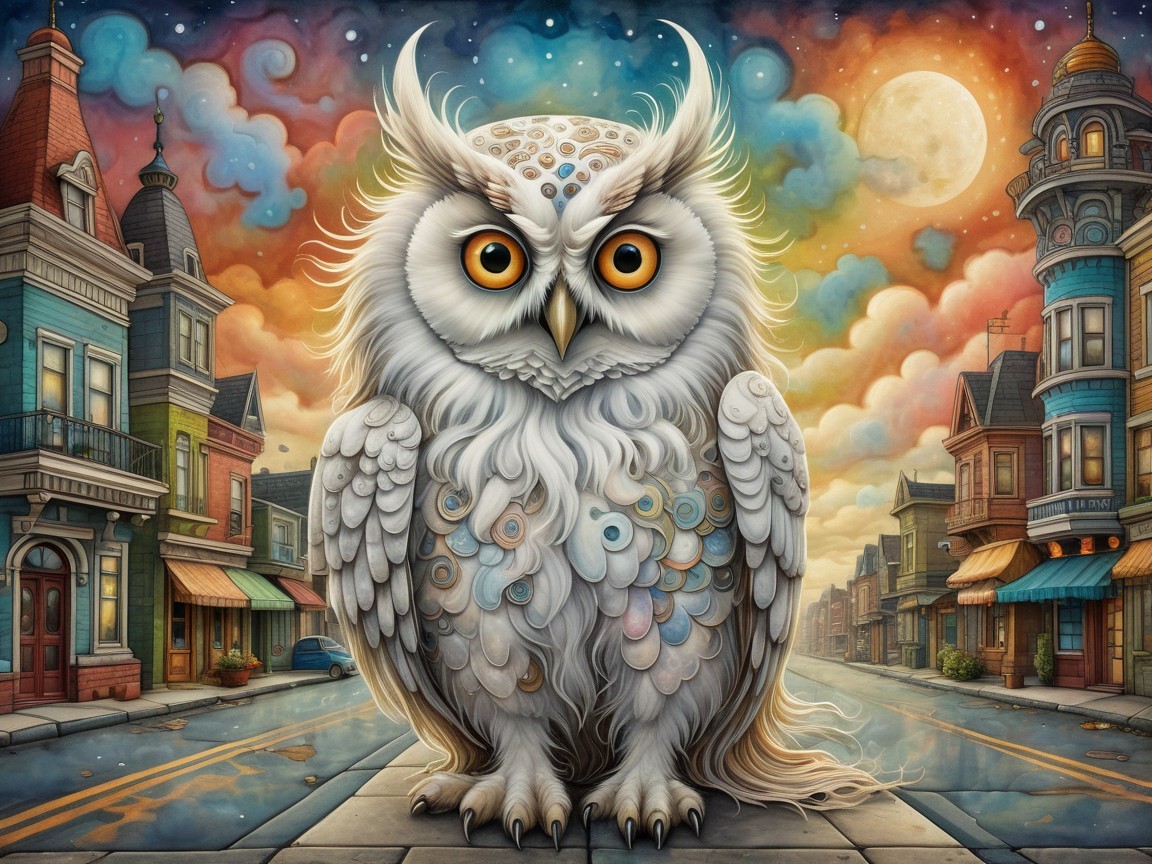 Whimsical Owl in Colorful Urban Street Scene
