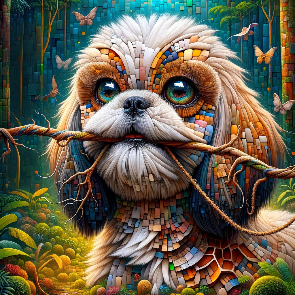 Stylized dog with colorful coat in vibrant forest setting