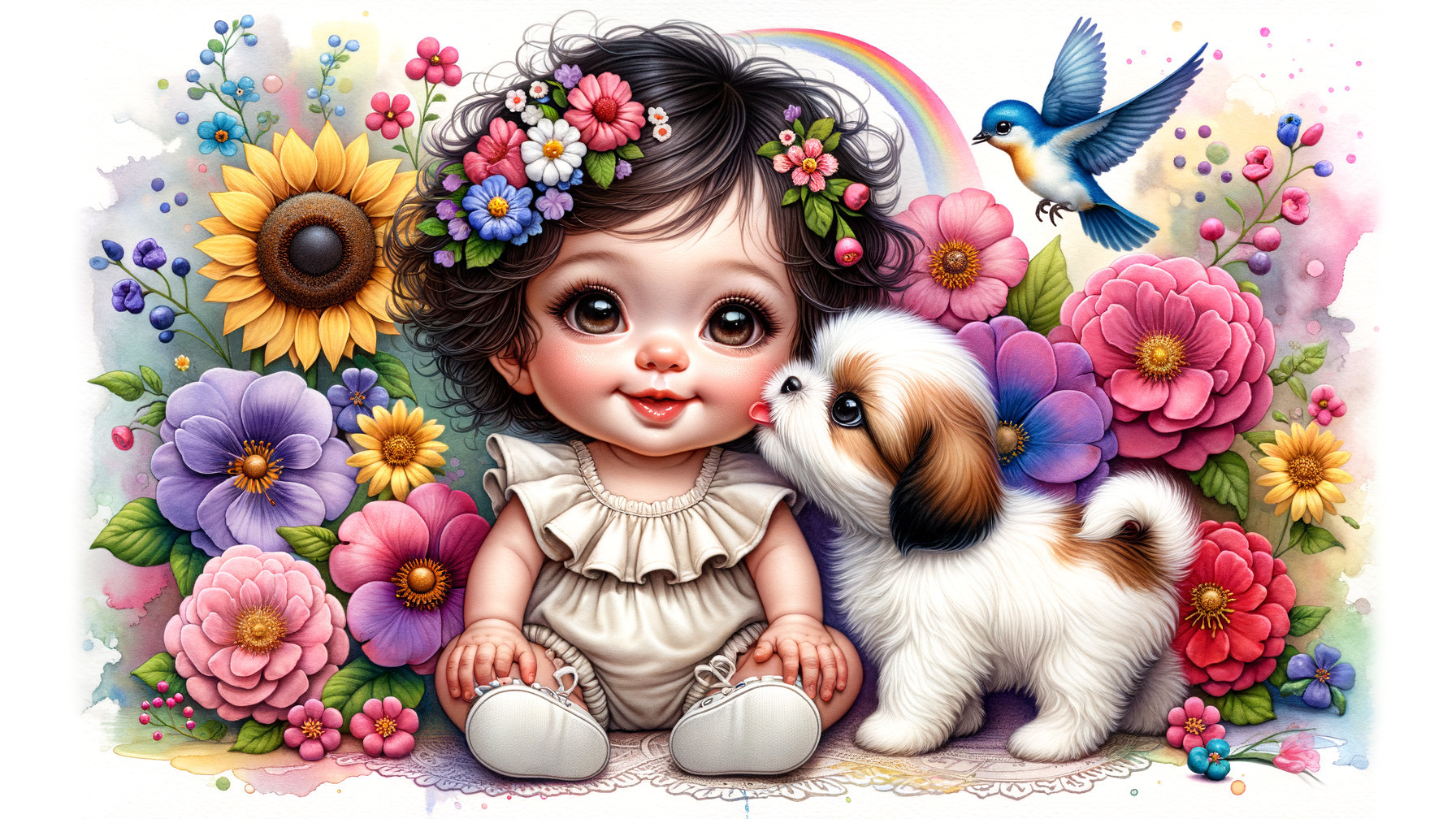 Charming Baby and Puppy Illustration in Vibrant Scene