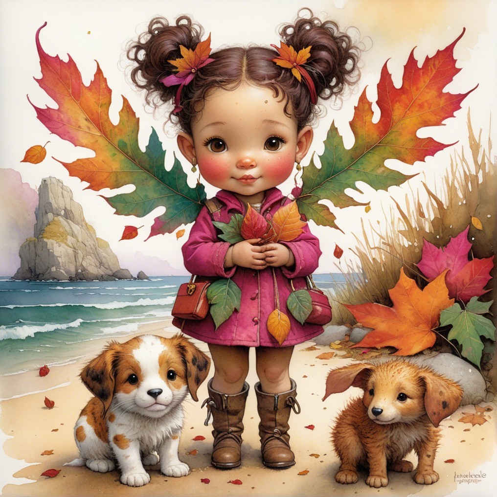 Girl with Curly Hair and Puppies on Autumn Beach
