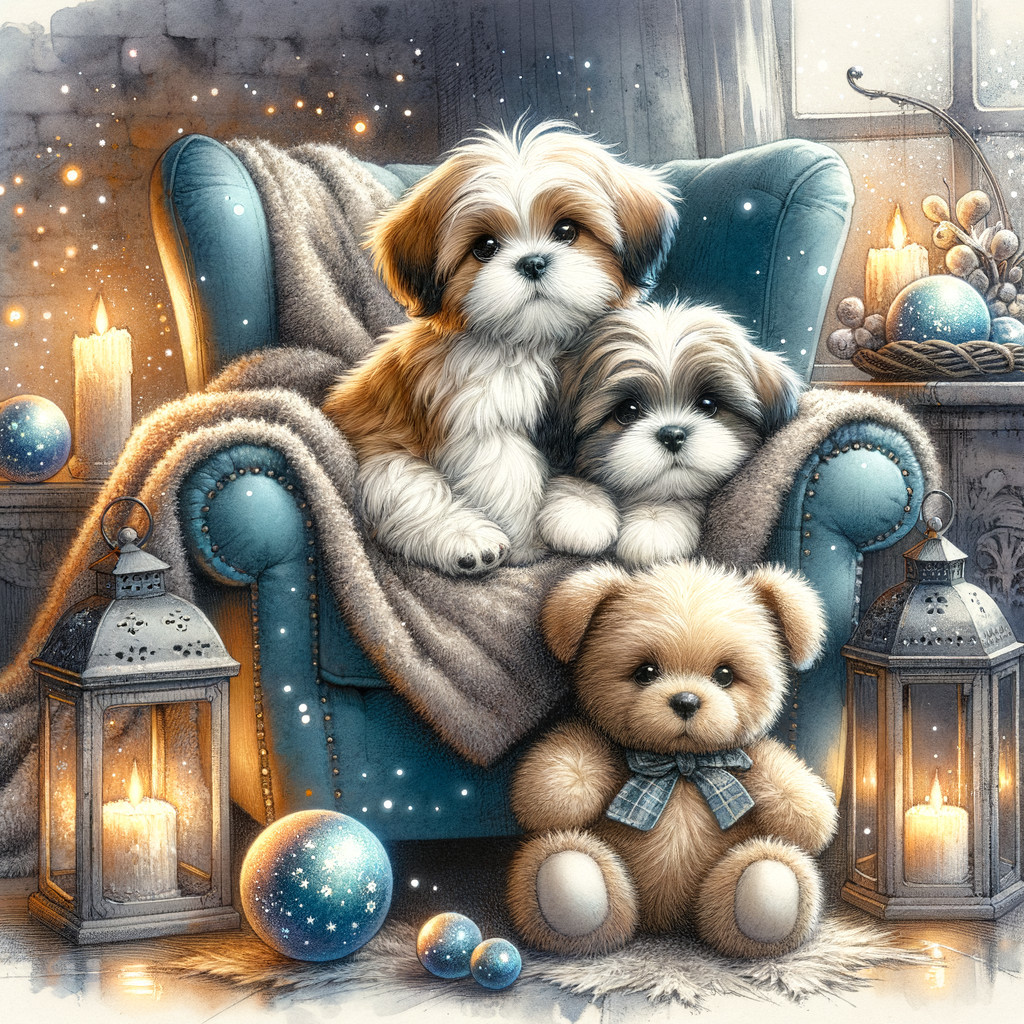 Cozy Room with Puppies, Teddy Bear, and Festive Decor