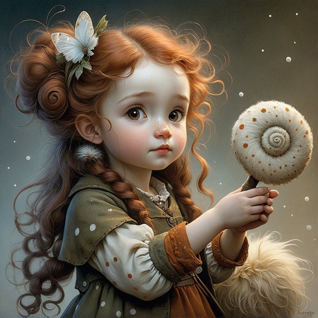 Young girl with red hair and whimsical snail shell wand
