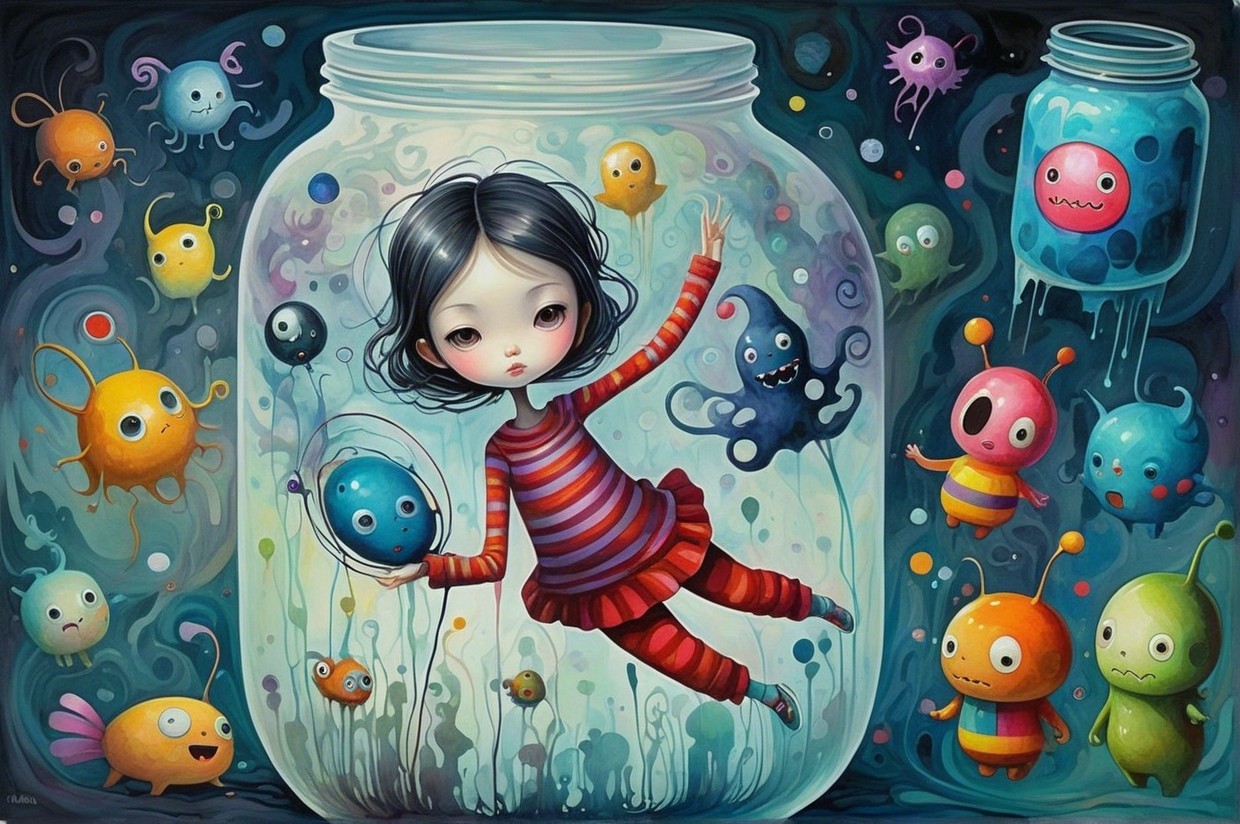 Whimsical Scene of a Girl in a Jar with Creatures