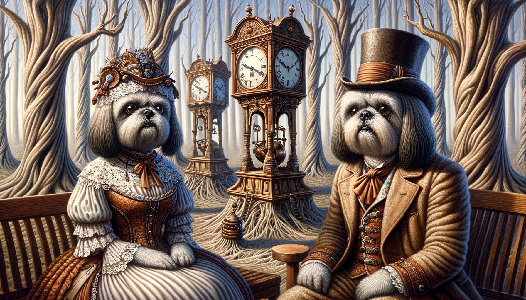 Surreal Woodland Scene with Victorian-Dressed Shih Tzus