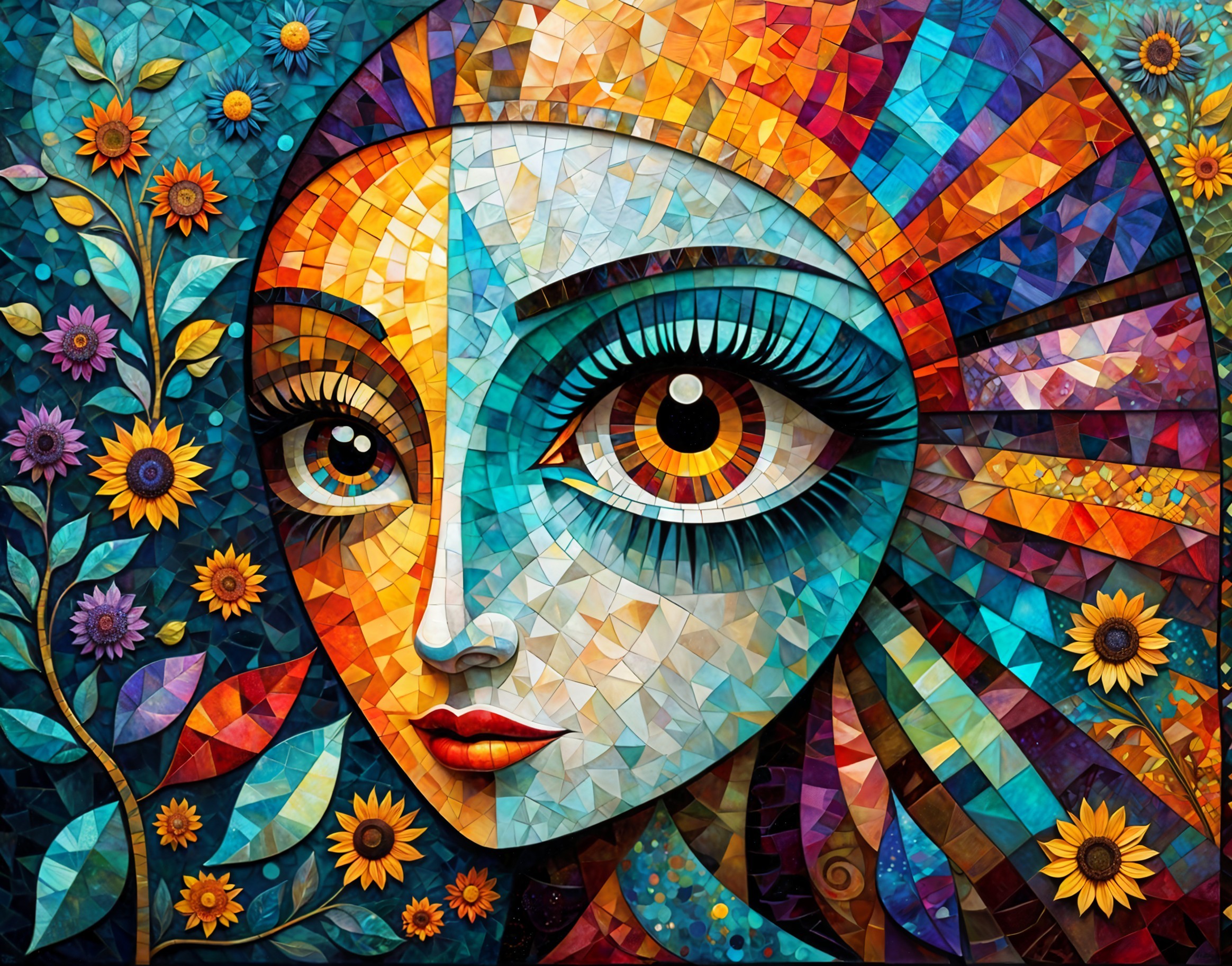 Vibrant Mosaic Portrait with Stylized Face and Patterns