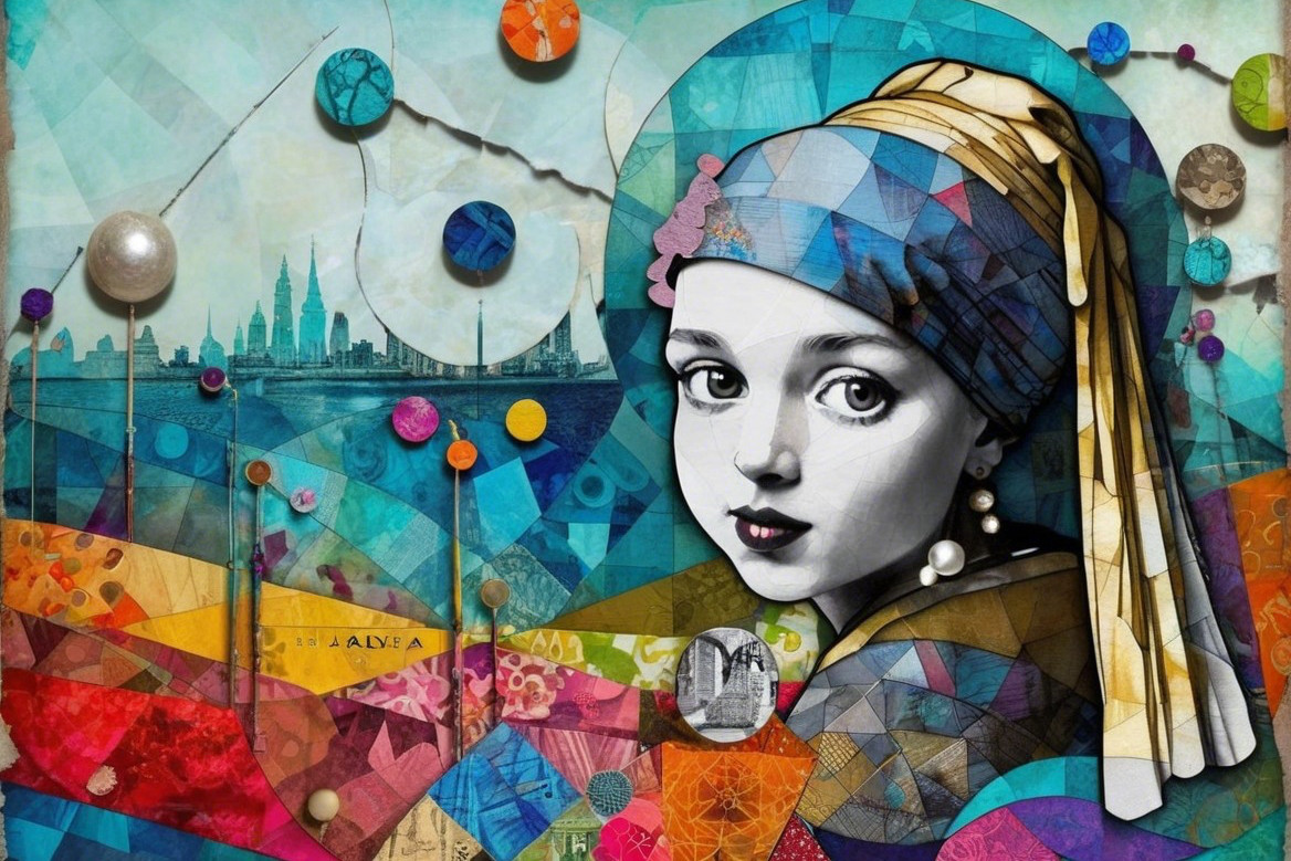 Vibrant Collage of Classic Portrait with Geometric Shapes