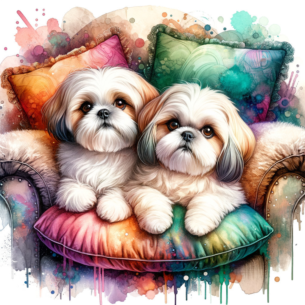 Shih Tzu Puppies on Colorful Cushion with Watercolor Background