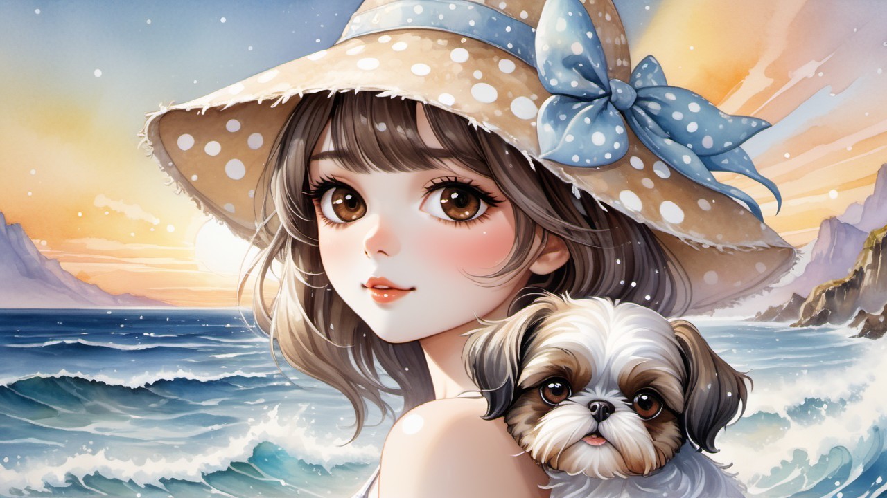 Young woman with dog by ocean at sunset