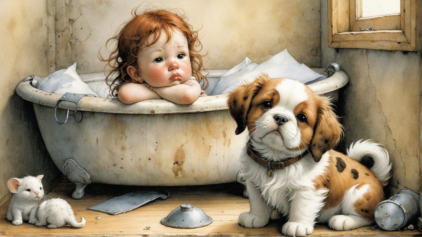 Child with Curly Red Hair in Cozy Bathroom Scene