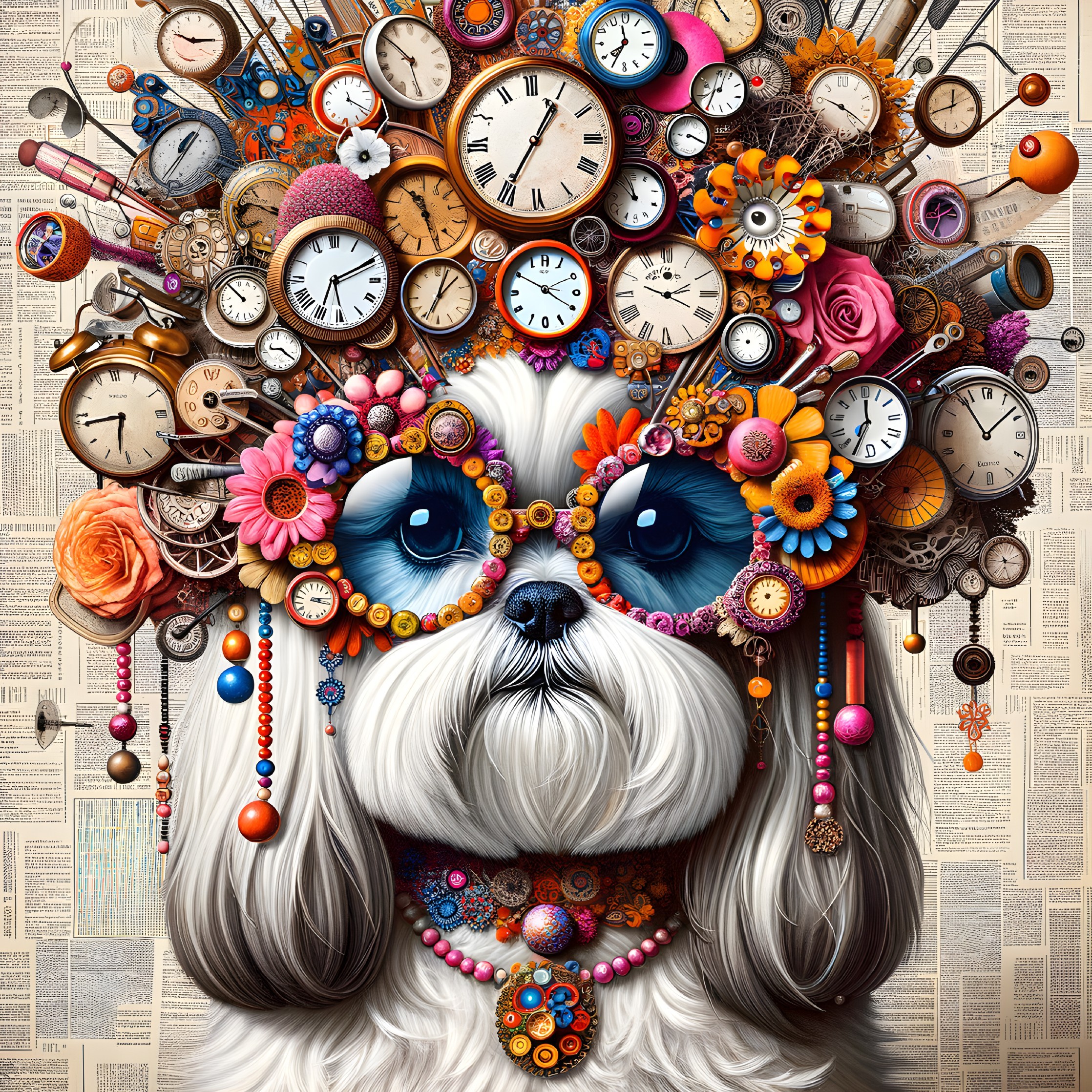 Whimsical Dog Portrait with Colorful Headdress and Background