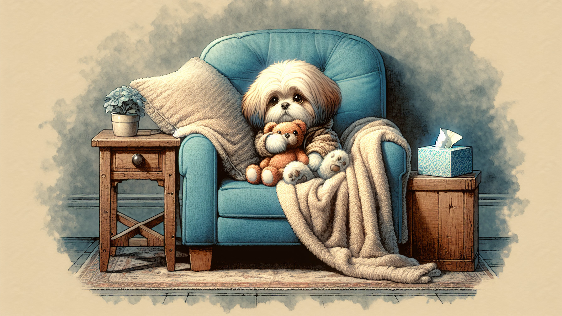 Cozy Living Room with Fluffy Dog and Teddy Bear