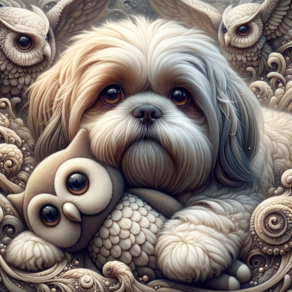 Fluffy Dog and Plush Owl in Cozy Patterned Setting
